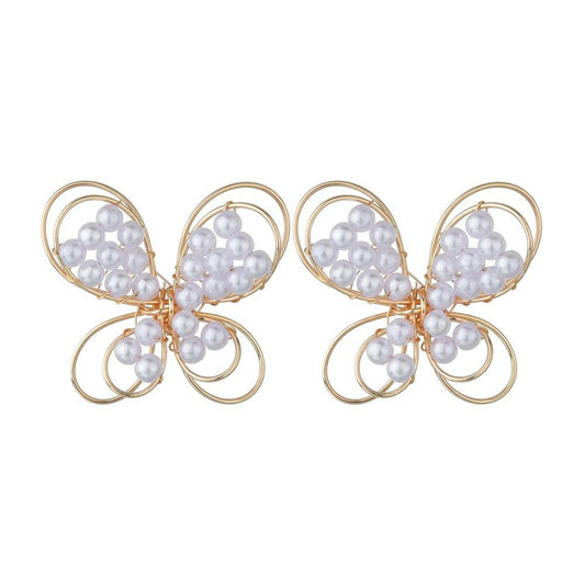 Fashion Three-dimensional Metal Butterfly Stud Earrings Vintage Pearl Earrings Accessories