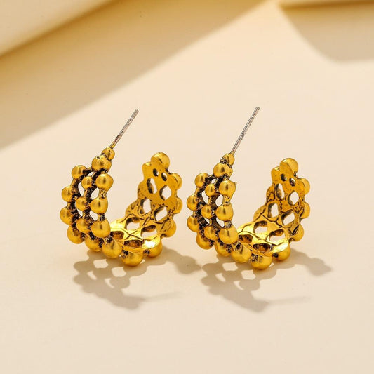 Dongdaemun Retro Hong Kong Earrings Fashion Gold Ball Hollow C Shape Earrings Lady Earrings