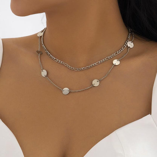Jewelry Hip Hop Hollow Metal Clavicle Necklace Simple Geometric Double Layer Sequin Chain Necklace Women