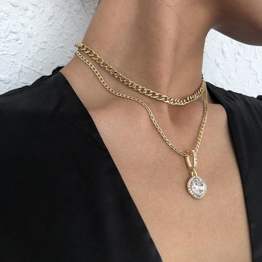 N876 Double Layered Necklace Women's Exaggerated Retro Personality Micro-inlaid Necklace Small Fresh Fashion Necklace