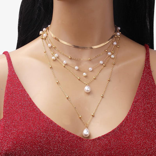 Jewelry imitation pearl pendant necklace cold temperament stacked multi-layer metal chain clavicle chain