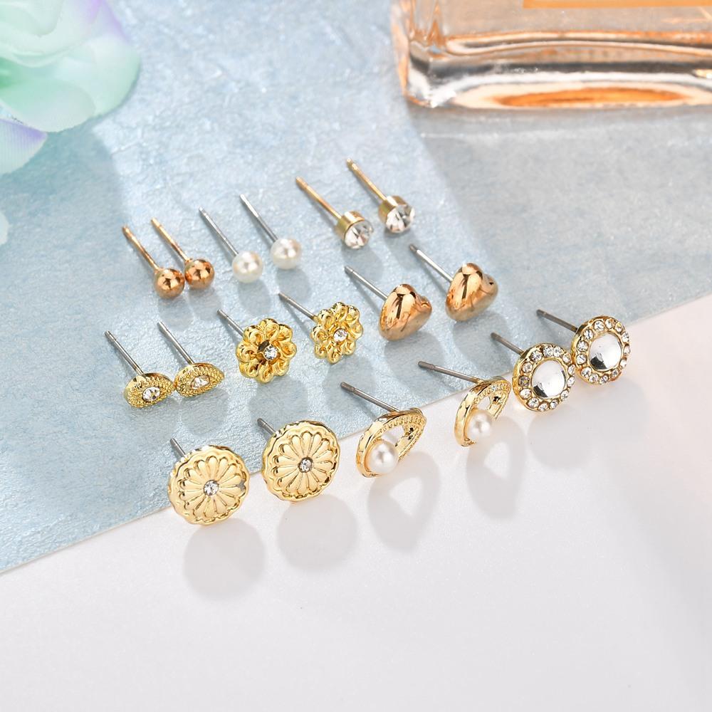 Popular Earrings Rhinestone Heart 9 Pairs Stud Earrings Set Combination