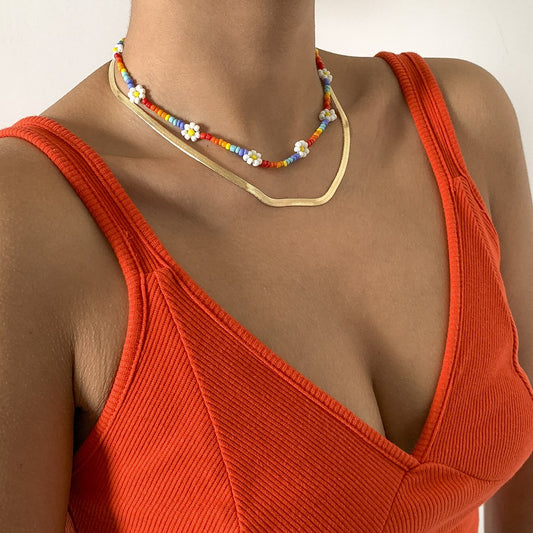 Jewelry simple daisy colorful flower bead necklace hip-hop retro metal snake bone chain necklace