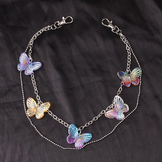 Trendy Street Retro Double Layer Resin Butterfly Pants Chain Hip Hop Beads Hanging Chain Belt Clothing Accessories