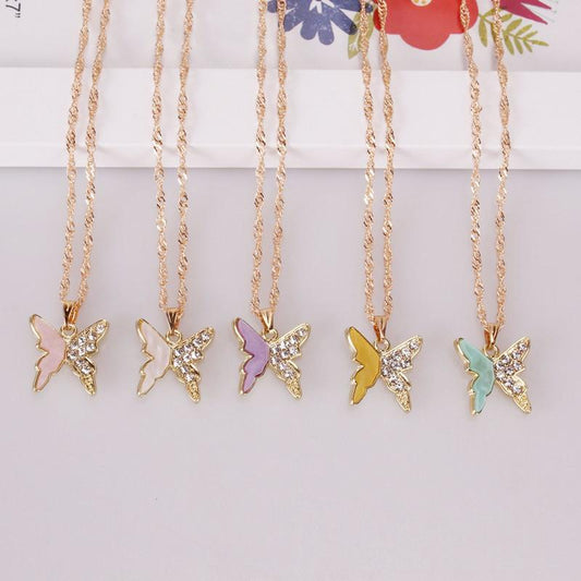 Dongdaemun Temperament Rhinestone Butterfly Necklace Metal Drip Oil Necklace Women's Versatile Necklace Clavicle Chain