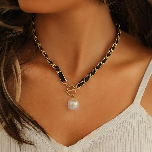 Fashionable Mermaid Bead Braided Leather Rope OT Buckle Short Necklace Niche Design Clavicle Chain Ladies Necklace
