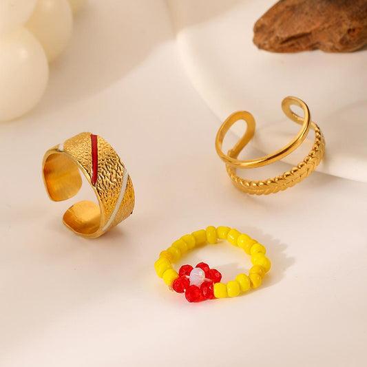 Light luxury niche fashion simple personality stainless steel handmade beads Shaohua wheat ears open ring set for women