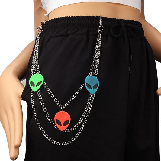 Personality color pin metal double pants chain Halloween alien fashion element pendant waist chain