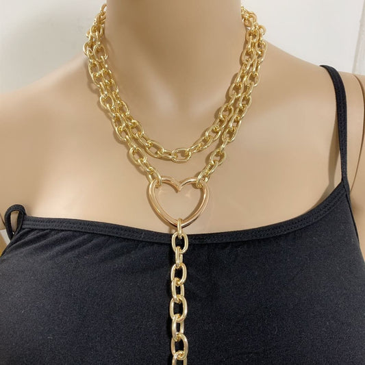 Jewelry punk exaggerated long ring multi-layer necklace personalized thick chain peach heart hip-hop necklace
