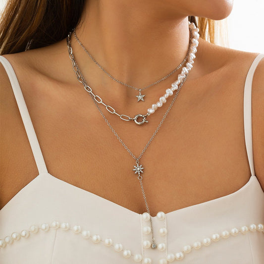Design sense pearl splicing all-match star-shaped pendant collarbone chain niche inlaid rhinestone snowflake stacked necklace