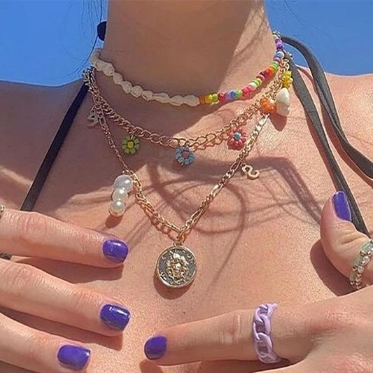 Jewelry Ocean Shell Rice Bead Flower Necklace Stacked Metal Tag Portrait Pearl Necklace