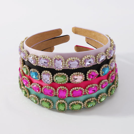 F4158 Baroque wide-brimmed hair hoop women's court light luxury geometric rhinestone head hoop color fashion hair band