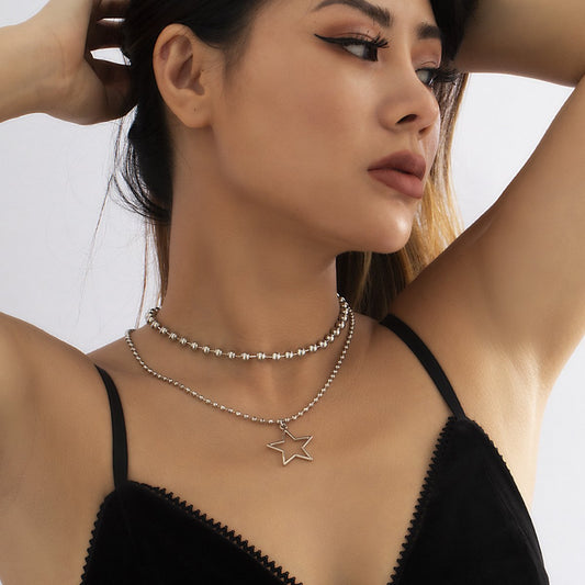 Jewelry Sweet and Cool Metal Bead Mix and Match Necklace Punk Star Hollow Pendant Double Necklace Female