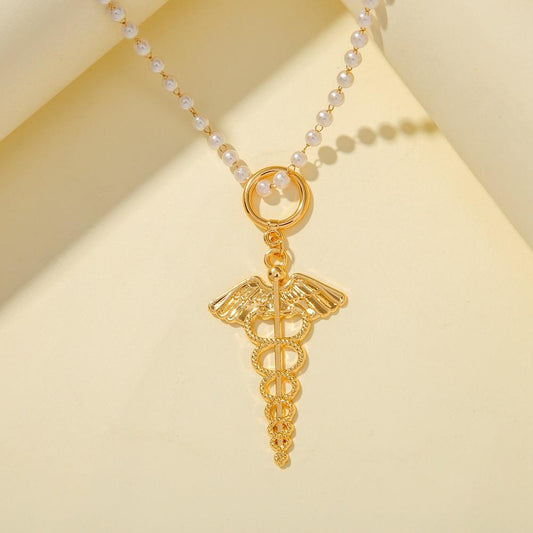Retro Temperament French Pearl Chain Necklace Fashion Wings Wand Pendant Jewelry