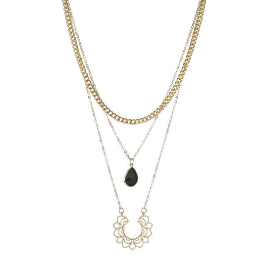 Retro Pattern Alloy Pendant Necklace Fashion Black Bezel Diamond Multilayer Necklace Accessories