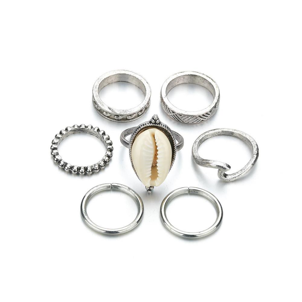 Retro Geometric Alloy Pattern Natural Shell Joint Ring Set 7 Pieces Combination Rings