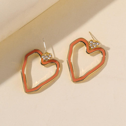 Full diamond irregular simple love earrings ins heart-shaped dripping oil small fresh temperament peach heart earrings
