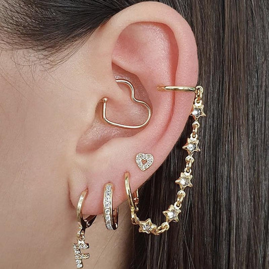 Retro star chain integrated ear clip set alloy diamond letter earrings 4 pieces without pierced earrings