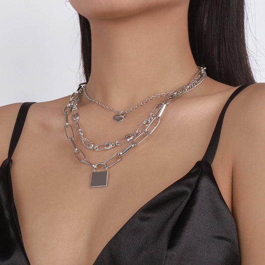 N1565 Fashion Exaggerated Lock Necklace Heart LOVE Pin Creative Choker Retro Hip Hop Necklace