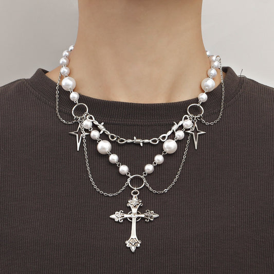 Jewelry niche design double-layer highlight pearl tassel cross star cross necklace female all-match