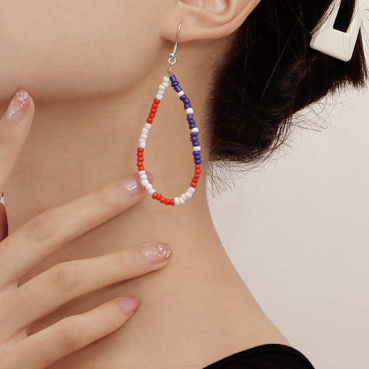 Jewelry hand-woven blue, red and white rice beads geometric drop-shaped pendant all-match earrings earrings