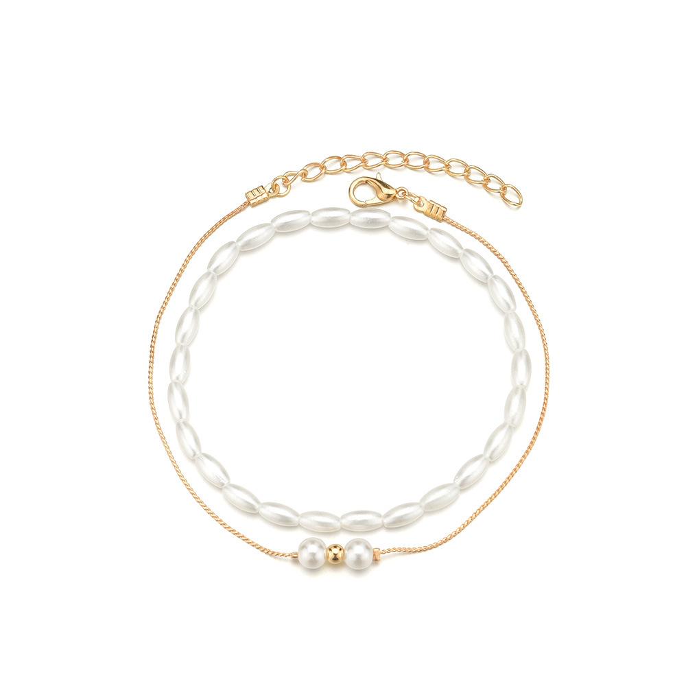 Fashion Chain Elastic Thread Double Layer Anklet Elegant Temperament Imitation Pearl Anklet Accessories