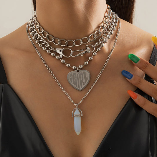 Hip-hop street trendy cool heart-shaped letter tag necklace punk metal chain crystal necklace for men and women