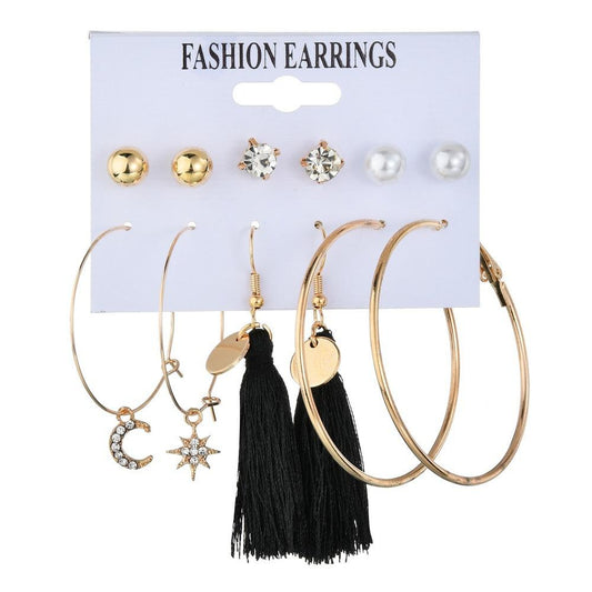 Pop Rhinestone Star Moon Asymmetrical Earring Set Vintage Tassel Earrings