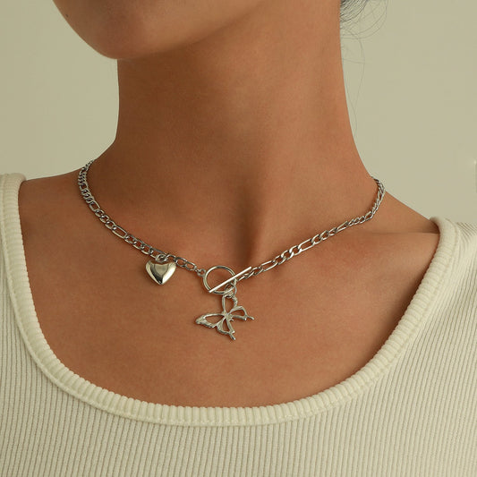 Jewelry Geometric OT Buckle Hollow Butterfly Pendant Necklace Ladies Three to One Trendy Love Heart Necklace