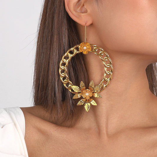 E1939 Punk Hip Hop Earrings Circle Hollow Chain Flower Earrings Geometric Personality Earrings