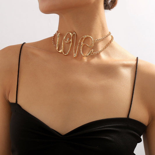 N1995ZA Exaggerated Retro LOVE Letter Necklace Metal Texture Heavy Industry Personality Hip Hop Creative Necklace Female