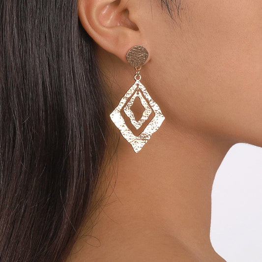 E1763 Jewelry double-layer rhombus metal geometric earrings personality hollow retro earrings
