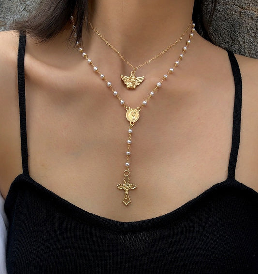 Jewelry Retro Little Angel Geometric Necklace Temperament Imitation Pearl Y-shaped Cross Tassel Necklace