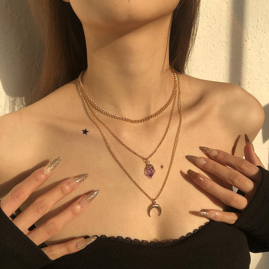 N9744 Jewelry Simple Multi-layer Chain Stacked Necklace Female Resin Crescent Element Temperament Necklace