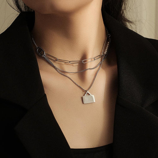 Fashion simple personality stainless steel multi-layer brooch pearl envelope pendant lettering clavicle chain titanium steel necklace
