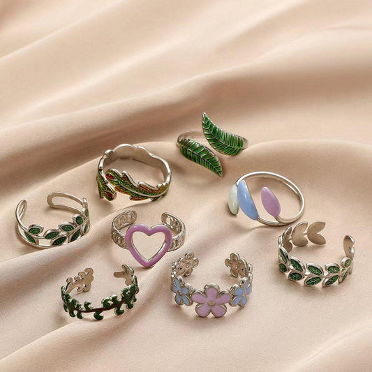 Fashion personality color drop oil flower feather stainless steel ring love titanium steel open ring jewelry