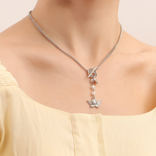 Jewelry Retro Little Angel Geometric Necklace Female Ins Temperament Imitation Pearl Love Tassel Necklace