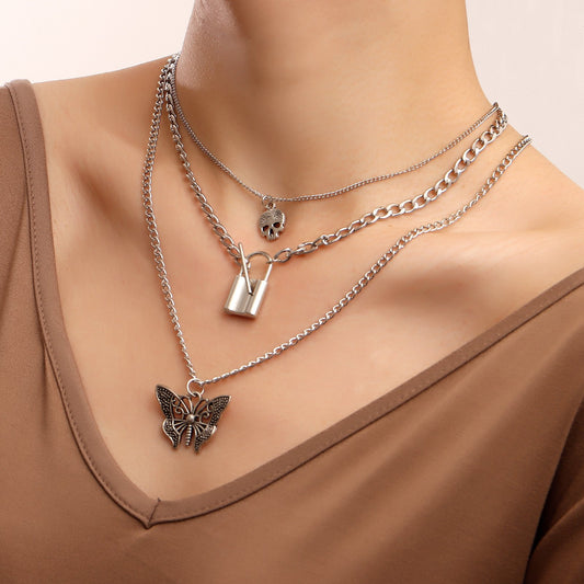 Explosive necklace female ins simple cold gothic padlock trend butterfly pendant diy necklace