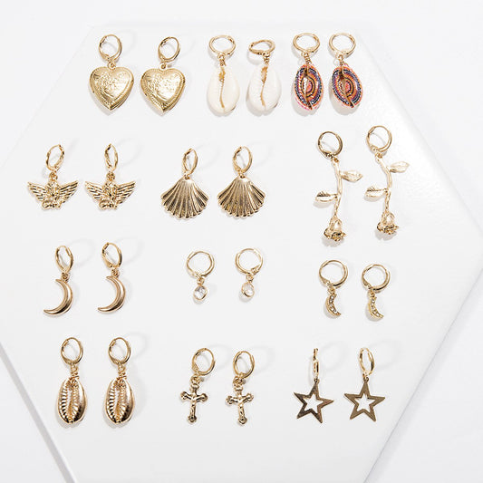 Jewelry Simple and Versatile Alloy Shell Earrings Feminine Hollow Star Diamond Moon Earrings