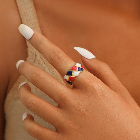Fashion niche design personality stainless steel color checkerboard drop oil geometric opening ring female