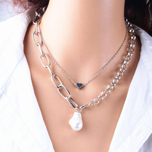 Jewelry baroque special-shaped pearl copper peach heart multi-layer simple necklace female two-piece set