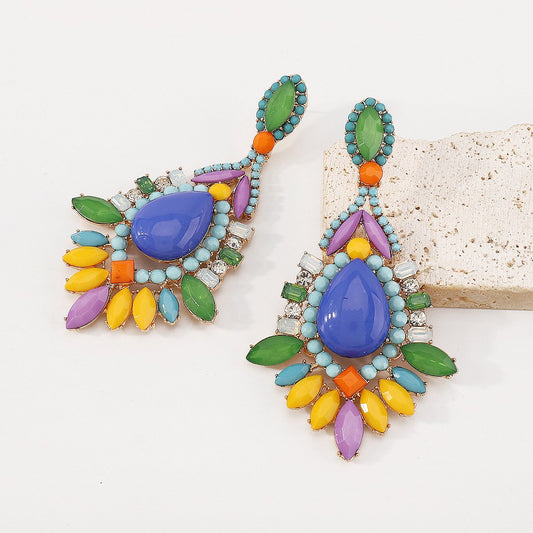 E1899 Bohemian ethnic retro color plate earrings palace niche rhinestone geometric earrings