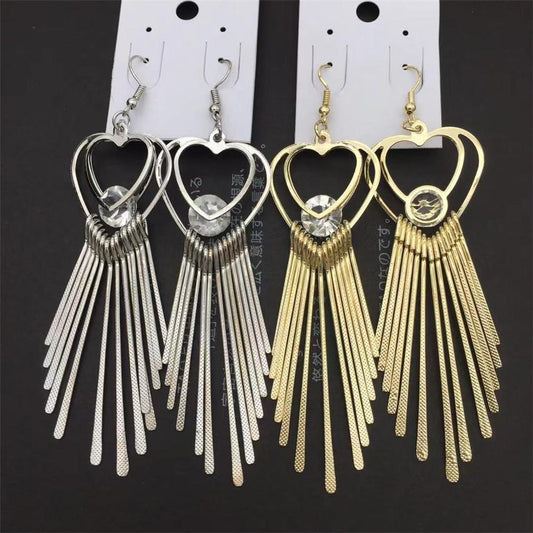 High-quality heart imitation zircon tassel earrings for women fine grain metal bar earrings popular exaggerated earrings