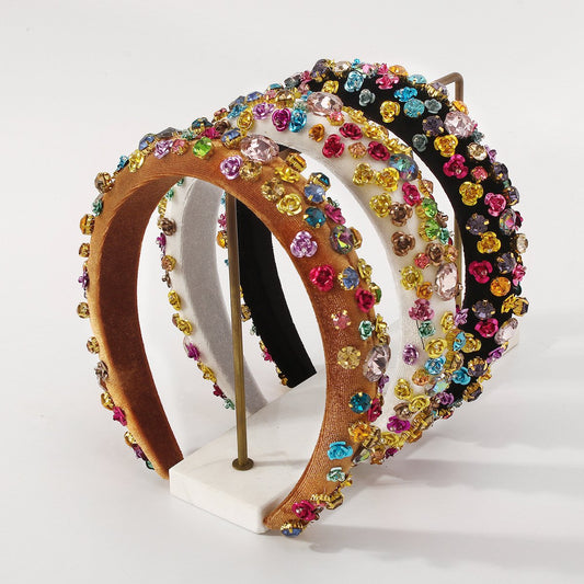 F4759 Light Luxury Baroque Thick Sponge Metal Flower Headband High Skull Top Wide Side Rhinestone Flannel Headband