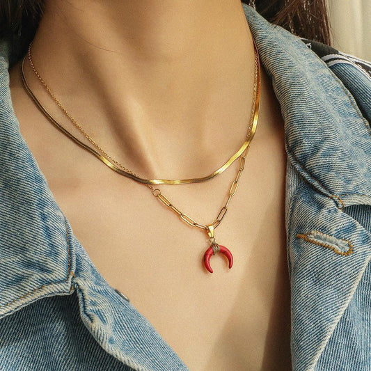 Specific light luxury design titanium steel double layer moon necklace flat snake chain collar turquoise crescent pendant necklace