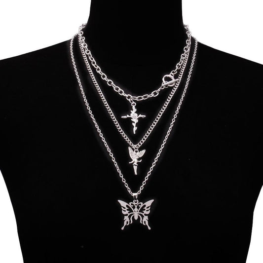Hip-hop cross chain chain trendy street metal fashion design butterfly pendant clavicle chain multi-piece necklace