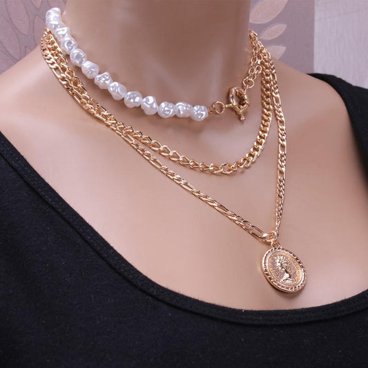 Jewelry Fashion Imitation Pearl Mix Three Layer Chain Necklace Hip Hop Rose Embossed Pendant Necklace