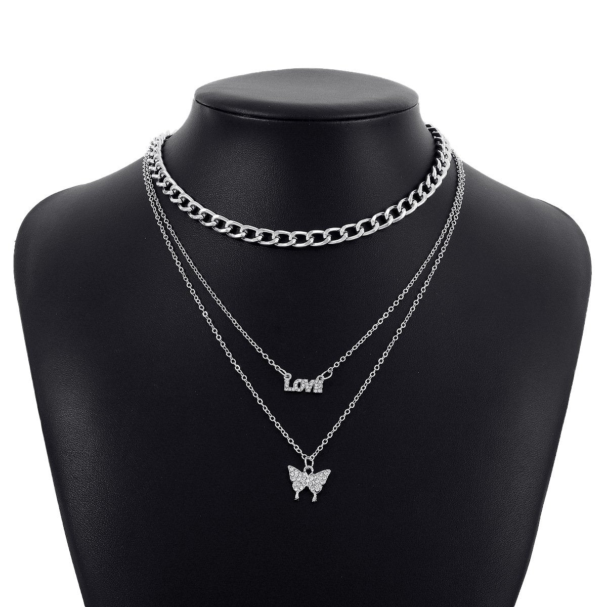 N1537 Simple retro metal pendant LOVE butterfly micro-inlaid multi-layered punk necklace female