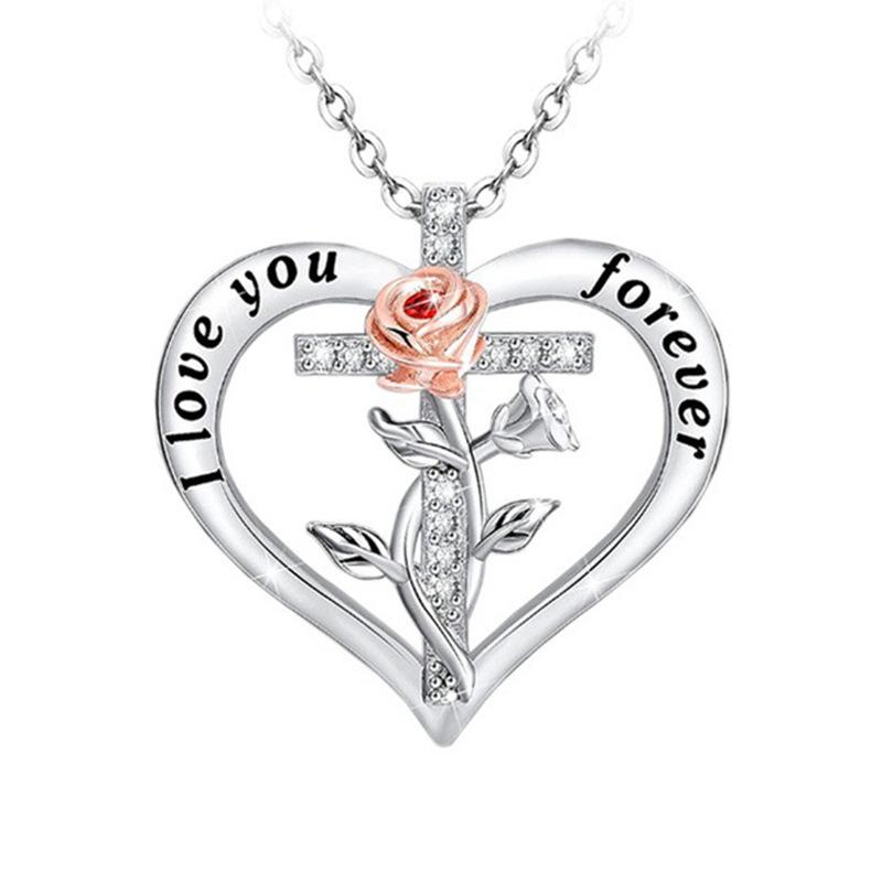 Explosive jewelry fashion simple heart-shaped cross two-color rose diamond necklace for ladies