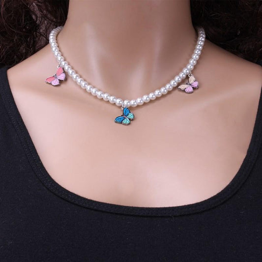 Jewelry personality ins imitation pearl geometric necklace creative retro color butterfly suit necklace